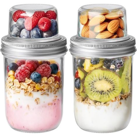 Confezione da 2 vasetti di fiocchi d'avena/yogurt da portare con sé, vasetti di yogurt in vetro con separazione liquido/secco, trasparenti (1/5)