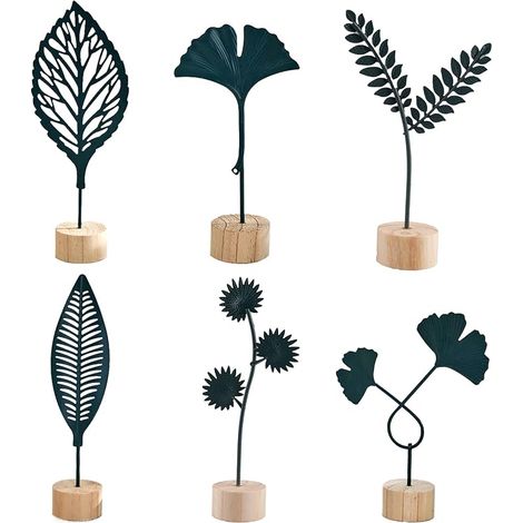 Décoration Nordique Métallique Plante avec Socle Bois Forme Simples Feuilles Fleurs Sculpture Bureau Maison Ornement Table (1/5)