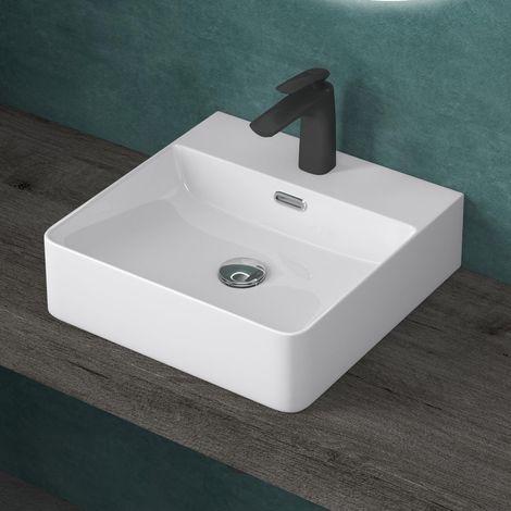 doporro Lavabo da Appoggio o Sospeso Lavandino Bagno Rettangolare con Foro per Rubinetto e Troppopieno 42 cm in Ceramica Bianco Lucido - Meissen201