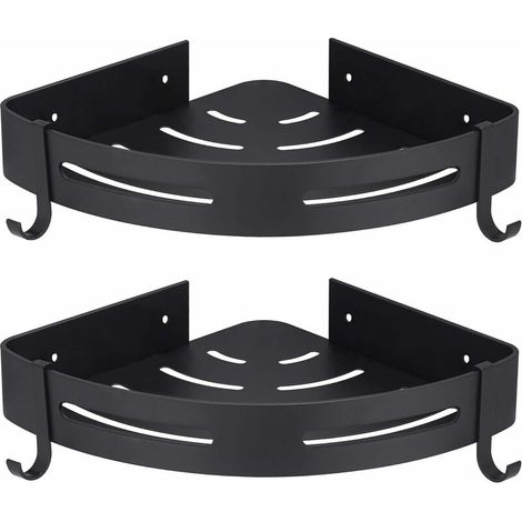 Schwarzes Eck-Duschregal, kein Bohren, Badezimmer-Duschaufbewahrung, Badezimmerzubehör, Duschseifenhalter, kein Rost, Aluminium, 2er-Set mit Haken (1/4)