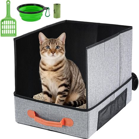 Litière portable pour chat avec couvercle à fermeture éclair + 1 pelle + 1 bol + 1 sac à - Litière légère et étanche avec paroi acoustique pour les voyages, voiture - 46 x 13 x 26 cm (1/5)