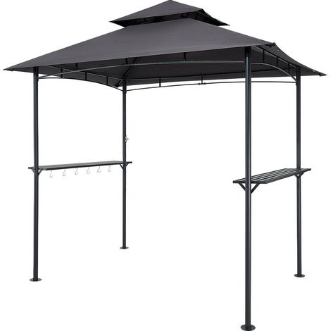 Gazebo barbecue 2,43 x 1,5 m avec toit double niveau en acier, 2 étagères et 8 crochets, parfait pour jardin et terrasse. (1/5)