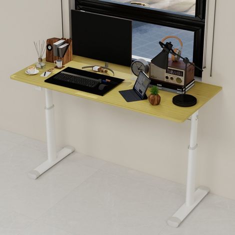 Bureau d'Étude Réglable 120x60x60-90cm - Table de Travail Manivelle Assis-Debout avec Structure Stable en Métal - Couleur Bois (1/5)