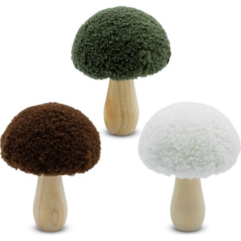 KleinpakHolz Deko Pilz mit Stoff Hut 11 cm zum Hinstellen - 3er Set - Waldpilz Dekofigur zur Herbst Dekoration