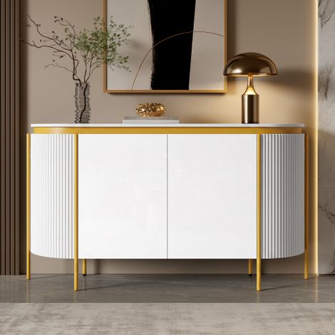Buffet en MDF avec pieds en fer, 4 portes, extrémités ovales arrondies, étagère rainurée, passage de câbles, salon (1/5)