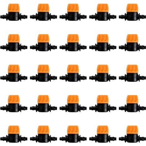25 pezzi 4/7 valvola di irrigazione, mini valvole di controllo per tubo da giardino da 4/7 mm, valvole di intercettazione a coste da 1/4 di pollice per tubo di irrigazione a goccia, mini valvola a cro (1/4)