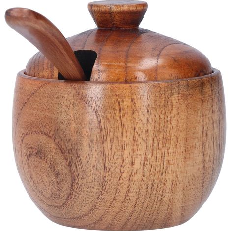 Pot à épices ménager avec couvercle cuillère, récipient à sel en bois pour la cuisine et le restaurant (1/5)