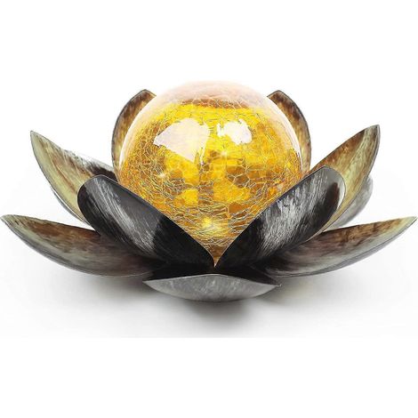 Lampe solaire d'extérieur, décoration lotus en verre ambré craquelé, lampe LED étanche en métal (1/5)