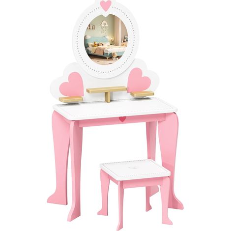 Coiffeuse Enfant avec Miroir et Tabouret, 2 en 1 Coiffeuse Fille,Rose (1/5)