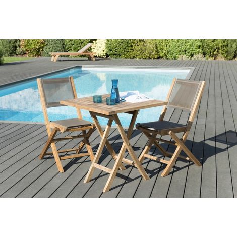 FUN - Ensemble de jardin table en bois teck 70 cm et 2 chaises grise (1/5)