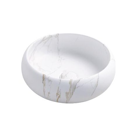 ONDEE ZEN - Vasque ronde à poser SORA - Céramique - Marbre blanc - Dim : Ø36 x h.12 cm
