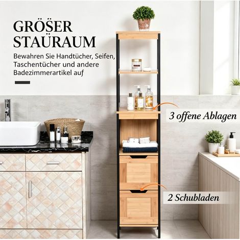 Colonne de salle de bain haute en bambou naturel et MDF avec 3 étagères et 2 tiroirs, design compact et moderne (1/5)