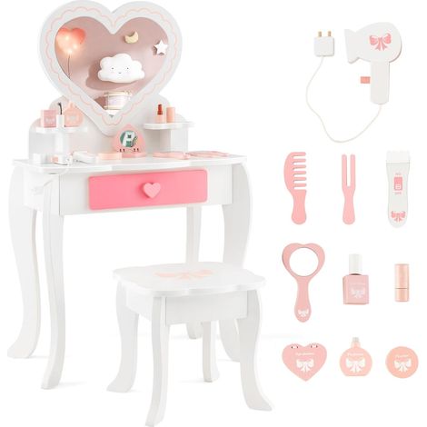 COSTWAY Kinder Schminktisch Set, 2-in-1-Frisiertisch mit herzförmigem Spiegel, Hocker, Schublade & Zubehör, Kosmetiktisch Schminkkommode für Kinder ab 3 Jahren (1/5)