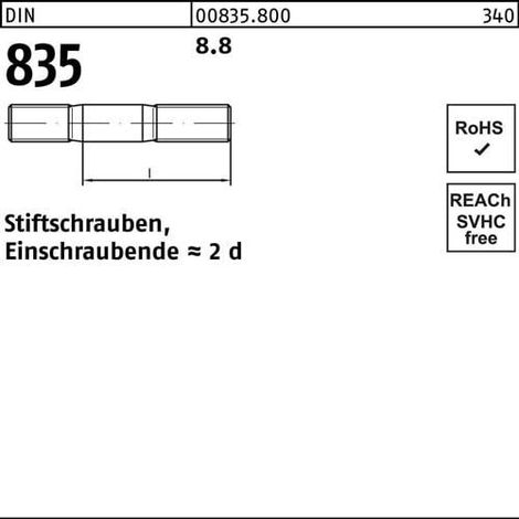 Goujon DIN 835 M12x 45 8.8 Extrémité à visser=2d 50 pièces