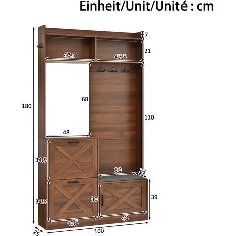 Armoire d'entrée compacte, penderie avec 2 casiers à chaussures pliants, miroir hauteur totale, éclairage LED contrôlable par app, poignées métalliques, corps en panneaux de particules et MDF. (1/5)
