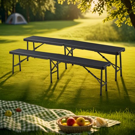 Lot de 2 bancs de camping pliables Mark 180 x 25 x 43 cm effet rotin noir [en.casa] (1/7)