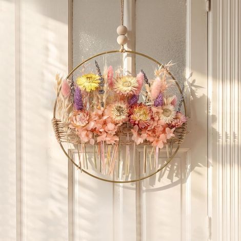 Coloured Dried Flower Wreath, 25 x 25 cm Wall Wreath of Immortal Flowers, Wall Decoration Hanging Wreath in Gold Metal and Dried Flowers for Indoor and Outdoor Use (1/5)