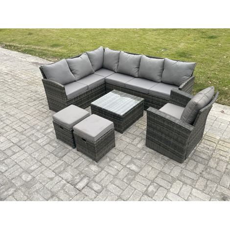 Fimous 9 Seater Outdoor Garden Furniture Set Wicker PE Rattan Corner Sofa Set with Square Coffee Table 2 Small Footstools Armchair Dark Grey Mixed