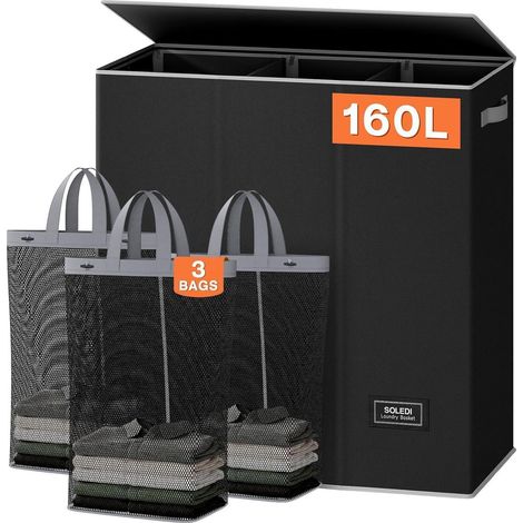 Wäschekorb 160L mit Deckel und 3 Fächern, faltbar, schwarz (1/5)