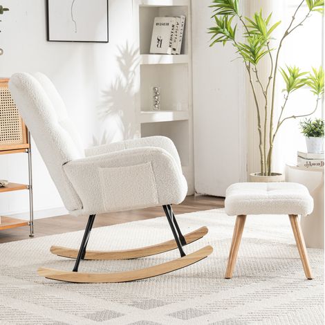 Fauteuil à bascule 94x64x92 cm blanc avec repose-pieds, tissu bouclette et structure en bois MEUBLIV (1/5)