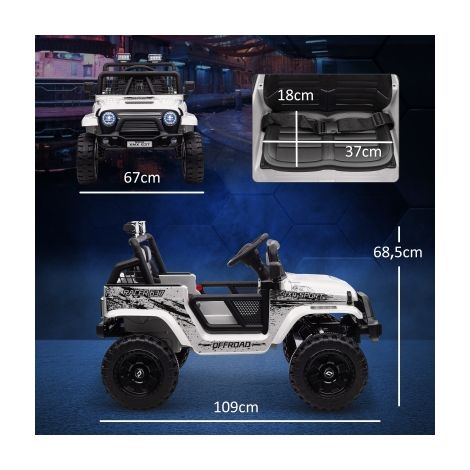 Voiture électrique enfant 12V tout-terrain 3-5 km/h, blanc, avec télécommande 2,4G, musique, phares et klaxon, véhicule pour enfants de 3 à 6 ans