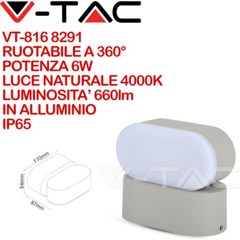 V-TAC VT-816 Lampada LED 6W da parete colore grigio 110LM/W testa orientabile wall light luce bianco naturale 4000K IP65 - SKU 8291