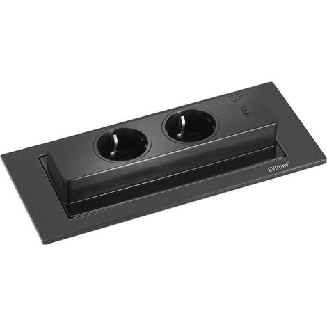 EVOline Backflip Steckdose - versenkbare Steckdose 2 fach mit USB-C Charger, Kunststoff / Metall schwarz matt