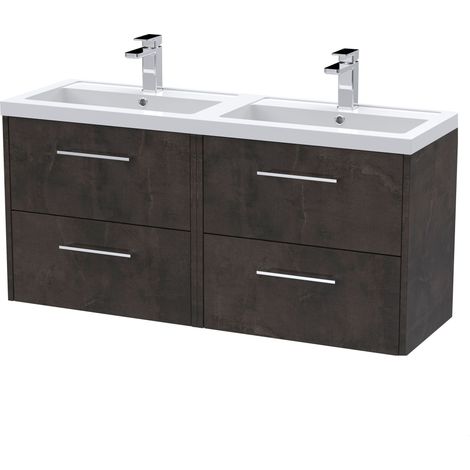 Winshill Contemporary 4 Drawer Wall Hung Vanity Unit with Double Basin, Metallic Slate, 1200mm