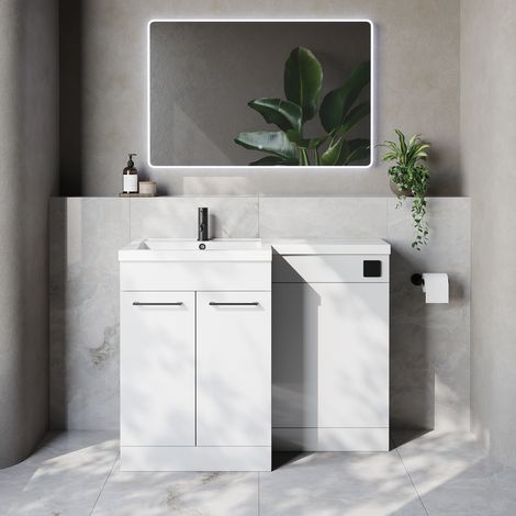 Napoli 460 Gloss White 1100mm 2 Door Vanity Unit Toilet Suite with Left Hand Square Lucia Basin - 1100mm - Matt Black 160mm HandleWithout Kingston Toilet Pan