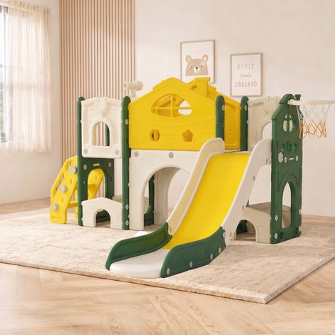 Aire de jeux 7 en 1, château avec toboggan escalier panier de basket télescope, HDPE plastique château robuste, Jaune (1/5)