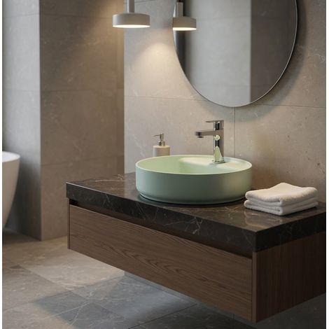 Lavabo tondo da appoggio senza troppo pieno in ceramica con foro rubinetto - Menta Opaco