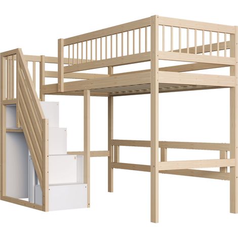 Letto bambino 90 x 200 con scala contenitore, struttura in legno, naturale (1/5)