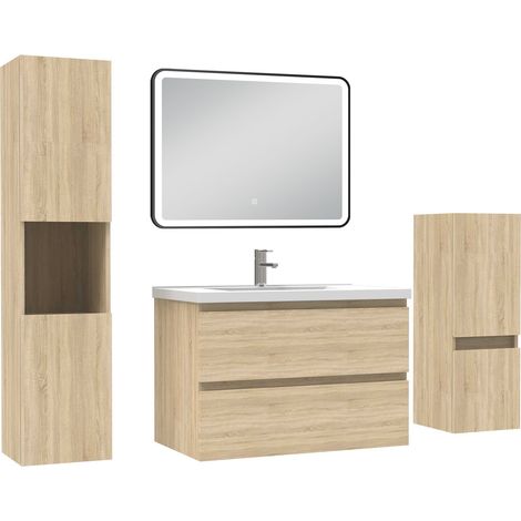 Ocean Meuble salle de Bain 80cm avec colonne + miroir mural lumineux 3 couleurs Chêne Wotan