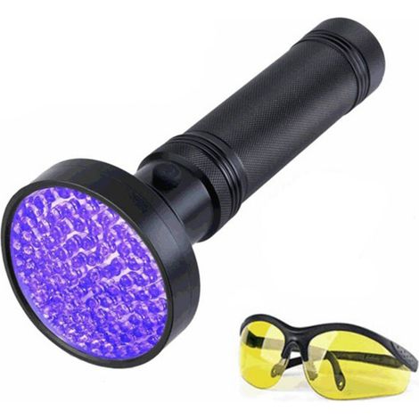 Lampe de poche UV Détecteur d'urine pour animal domestique Lumière noire 100 LED 395NM Blacklight avec lunettes de soleil UV Détecteur portatif pour chien chat taches sèches punaises de lit Scorpion d