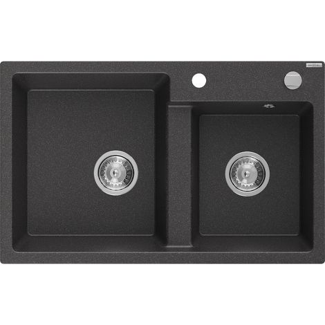 Mexen Tomas évier en granit à 2 cuves 800 x 500 mm, Noir moucheté, siphon Chrome - 6516802000-76 (1/5)