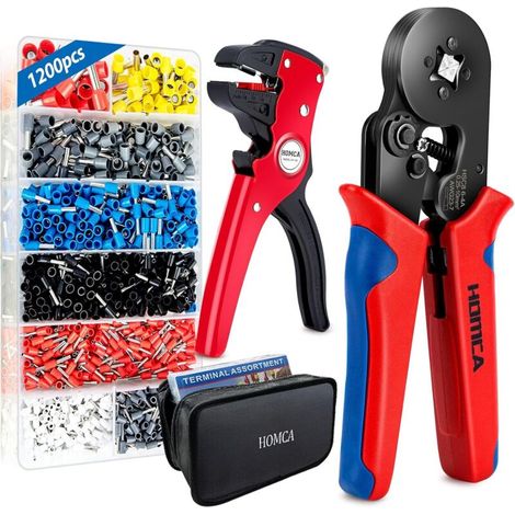 Pince à Sertir et Pince à Dénuder avec 1200 Boîtes à Bornes Sertir Isolées Cosse de Cable 0.25-10.00 mm², Pince Electricien, Pinces Outils Kit Sertissage dans un Sac à Outils