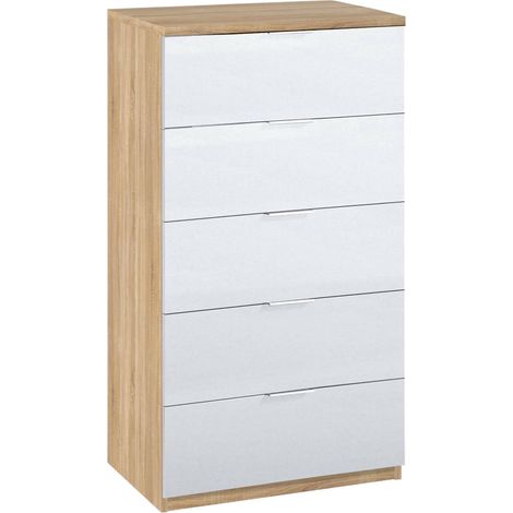 Cassettiera Mesquite, Settimanale a 5 cassetti, Mobile Comò per camera da letto, Settimanale moderno, 60x40h110 cm, Rovere e Bianco