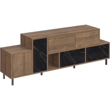 Meuble TV bois Noyer et noir effet marbre mélaminé 6 tiroirs 1 porte Kermina 171 cm (1/5)