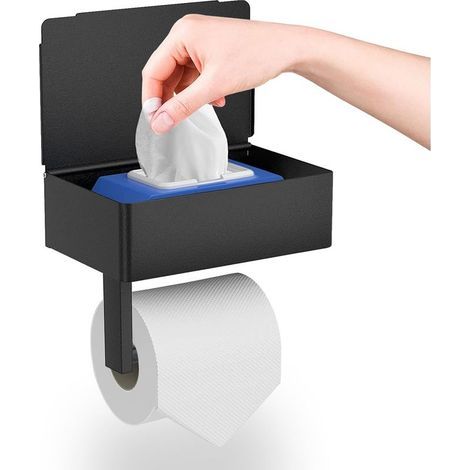 Porte Papier Toilette - Acier Inoxydable - Sans Perçage - Avec Étagères Et Boîte À Lingettes - Noir - 1 Pièce (1/5)