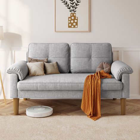 Bealife 2-Personen-Couch skandinavisch aus Stoff und Holz mit 2 Kissen und 2 Armlehnen für Wohnzimmer oder Schlafzimmer 144 x 77 x 77 cm grau