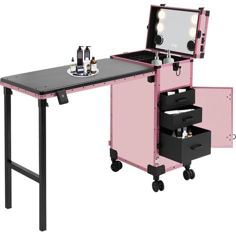 Senderpick – Table de manucure pliable rose avec miroir – 3 tiroirs – 4 roulettes pivotantes – Capacité de charge 50 kg – Rangement pour vernis à ongles (1/5)
