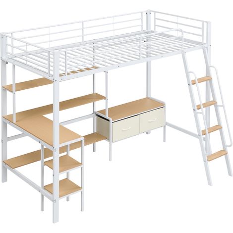 Cama alta de metal y MDF con escritorio y almacenaje 90x200 cm blanco natural (1/5)