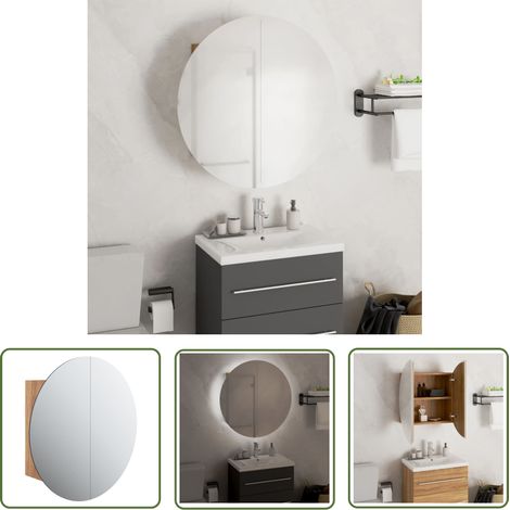 The Living Store Badezimmerschrank mit Rundem Spiegel & LED Eichen-Optik - Badezimmermöbel - Holzbadschrank - Kosmetiktisch - LED-Spiegelschrank - Runder Spiegel (1/5)
