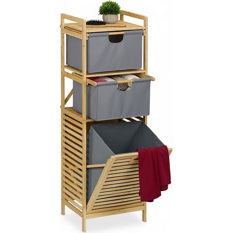 Relaxdays Laundry Basket Rack, Washing Hamper, 30 L, Shelf & 2 Drawers, Bamboo, Fabric, HWD: 120x40x33 cm, Natural/Grey (1/5)