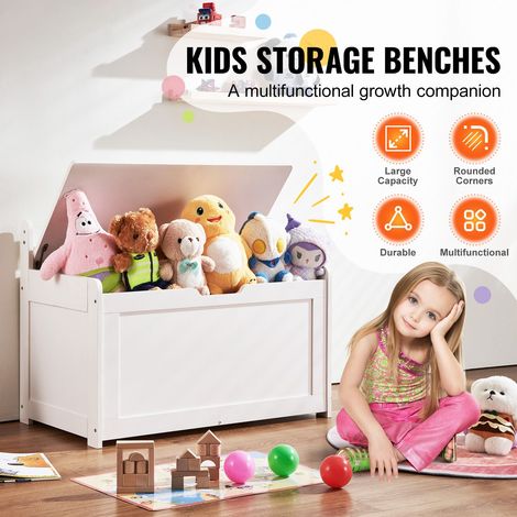 Coffre à jouets enfant en bois, banquette rangement banc avec rabat et charnière sécurisée, 83x45,5x61 cm, chambre jeu salon entrée, blanc (1/5)
