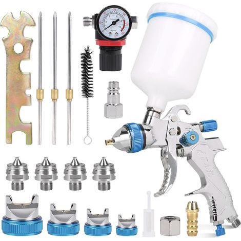 HVLP Pistolet à peinture 1,4/1,7/2,0/2,5 mm Pistolet à air avec gobelet de 600 ml + 4 jeux de buses + régulateur de pression d'air Pistolet à peinture pour voiture, meubles, bricolage (1/5)