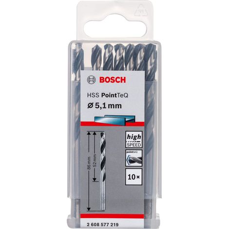 Bosch Accessories 2608577219 HSS PointTeQ (5,1 x 52 x 86 mm) - Set da 10 Pezzi di Punte Elicoidali per Trapano per Metallo, Acciaio, Fusione o Plastica, Grigio (Argento), Ø 5.1 mm