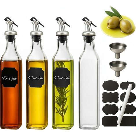 Bouteille Distributeur Huile - Verre Trempé 500 ml - Avec Bec Verseur Précis - Pour Cuisine Maison ou Professionnelle - Lot de 4 (1/5)