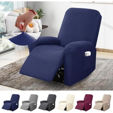Housse de fauteuil 1 place, housse extensible avec poches, protection intégrale en jacquard rayé pour fauteuils TV et relax (bleu, ensemble de 4 pièces)