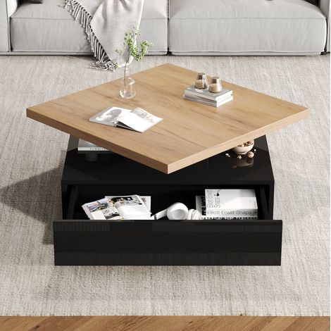 Quadratischer Couchtisch 70x70x36 cm, 360° drehbar, mit verborgenem Stauraum, Spanplatte, Walnuss Schwarz (1/5)